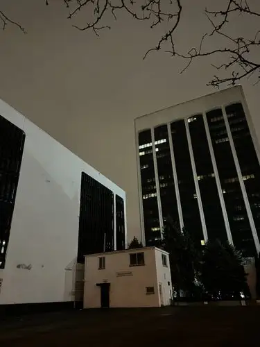 Urban geometry glowing after dark.